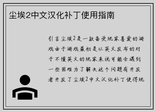 尘埃2中文汉化补丁使用指南